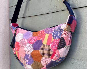 Vintage patchwork, round cross body/shoulder bag. Fabulous vintage lining. 2 slip pockets. Upcycled & Eco.