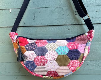 Vintage patchwork, round cross body/shoulder bag. Fabulous vintage lining. 2 slip pockets. Upcycled & Eco.