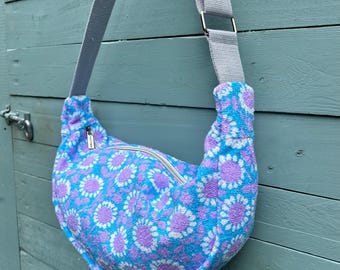 Unique round cross body/shoulder bag, handmade from colourful vintage towelling. Fabulous vintage cotton lining. 2 slip pockets. Sustainable