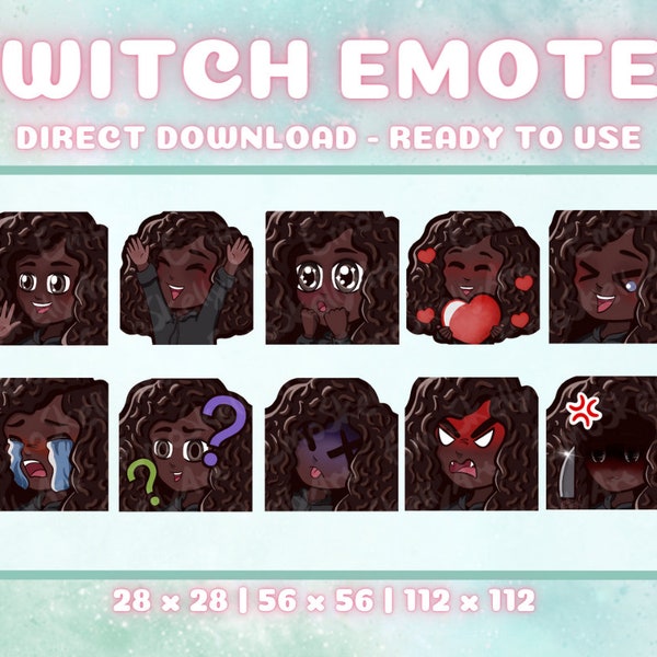 Cute Chibi Emote Pack - Ten emotes ready to use | Long dark curly hair, brown/grey eyes, dark skin | Twitch, Youtube, Discord