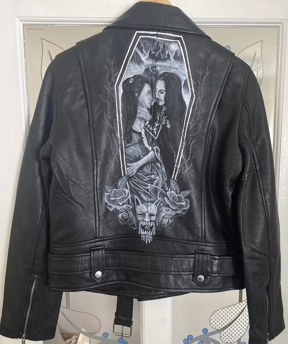 ジャケット・アウター used leather biker jacket grunge gothic Bespoke Handpainted Gothic Leather Jacket - Etsy