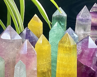 Natural Rainbow Fluorite Crystal Tower Point, Colorful Healing Fluorite Pencil Obelisk, Colorful Crystal Energy Wand