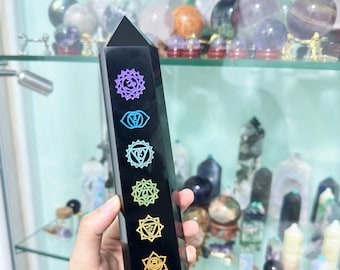 Healing Black Obsidian 7 Chakra Tower, Natural Polished Black Obsidian Point Tower, Mineral Specimen, Home Decoration