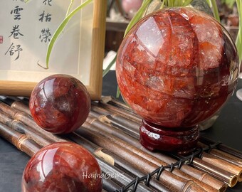 Natural Fire Quartz Crystal Sphere, Hematoid Quartz Sphere, Hematite Inclusions Red Crystal Sphere