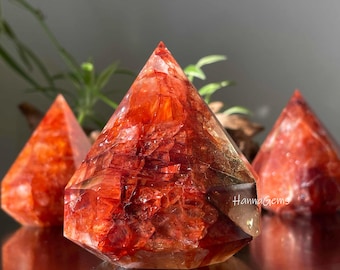 Natural Fire Hematoid Quartz Crystal Diamond Carving, Polished Golden Yellow Healer Quartz Diamond With Rainbow
