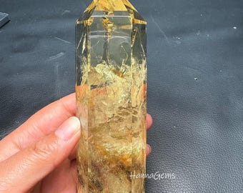 Punta de torre de cuarzo citrino natural con arcoíris, varita de obelisco de cristal citrino ahumado, torre de energía