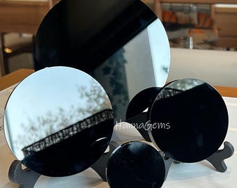 Natural Black Obsidian Mirror, Black Obsidian Scrying Plate with Stand Soul Healing