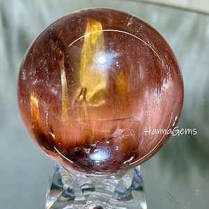 High-Quality Rutilated Quartz Tourmaline Symbiotic Sphere, Red Rutilated Quartz Sphere
