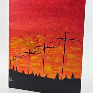 May include: A painting of a sunset with power lines and birds flying in the sky. The sky is a vibrant red and orange with yellow clouds. The power lines are black and the birds are silhouetted against the sky.