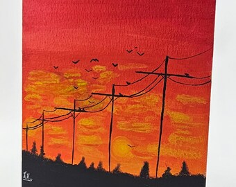 Acrylic Painting "Sunset with Birds and Power Lines" (30x23 cm) – Buy Contemporary Art
