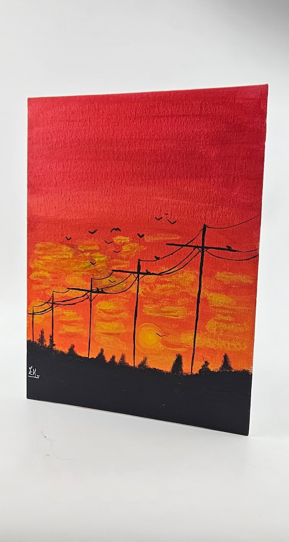 Acrylic Painting "Sunset with Birds and Power Lines" (30x23 cm) – Buy Contemporary Art