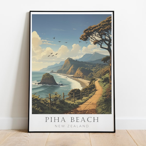 Piha Beach NZ Poster Digital Print, New Zealand Travel Poster, Art Print, NZ Wall Art Digital Artwork Decor, Digital Poster Instant Download