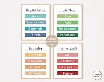 Spanish Feelings Posters | Spanish Classroom Decor |Spanish Vocabulary | Spanish Poster | Printable set of 4 | Spanish Word Wall | Education