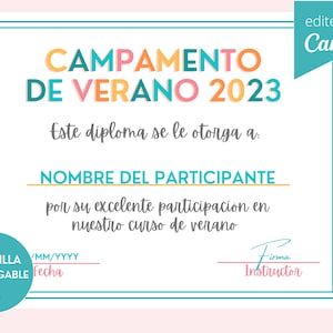 Diplôme de Curso de Verano | Campamento de Verano | Plantilla de diplôme | Certificado de Curso de Verano