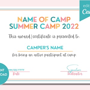 Sommercamp Zertifikat zum Ausdrucken | Sommer Druckvorlage | Partizipationsschein | Camp Auszeichnungen | Abschlusszertifikat |