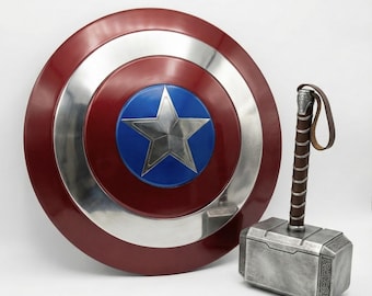 Captain America Fan Gift - Hand Forged 18 Gauge Steel Captain America Shield and Thor Mjolnir - Full Size Metal Thor Hammer Marvel Cosplay
