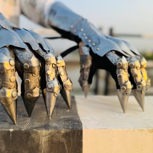 May include: A pair of silver metal gauntlets with pointed claws. The gauntlets have a detailed design with rivets and a textured surface.