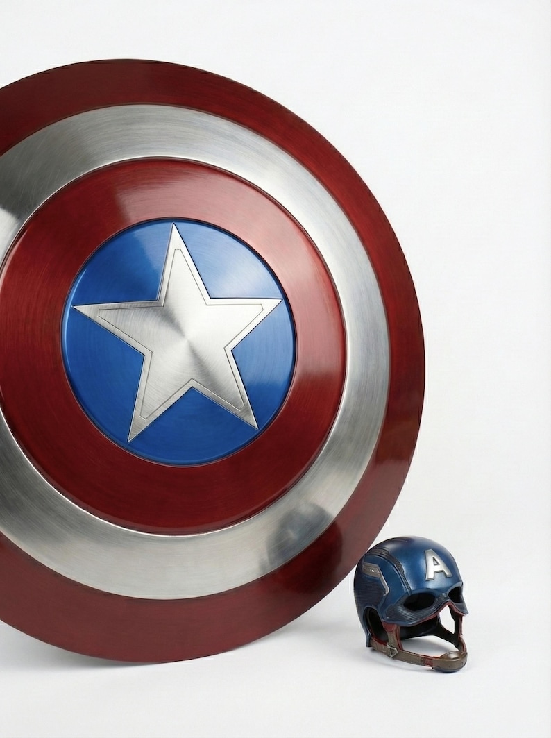 Captain America inspired shield constructed from steel with classic star and circular pattern.
Metal Captain America shield made of steel, designed for fans, collectors, and cosplay enthusiasts.