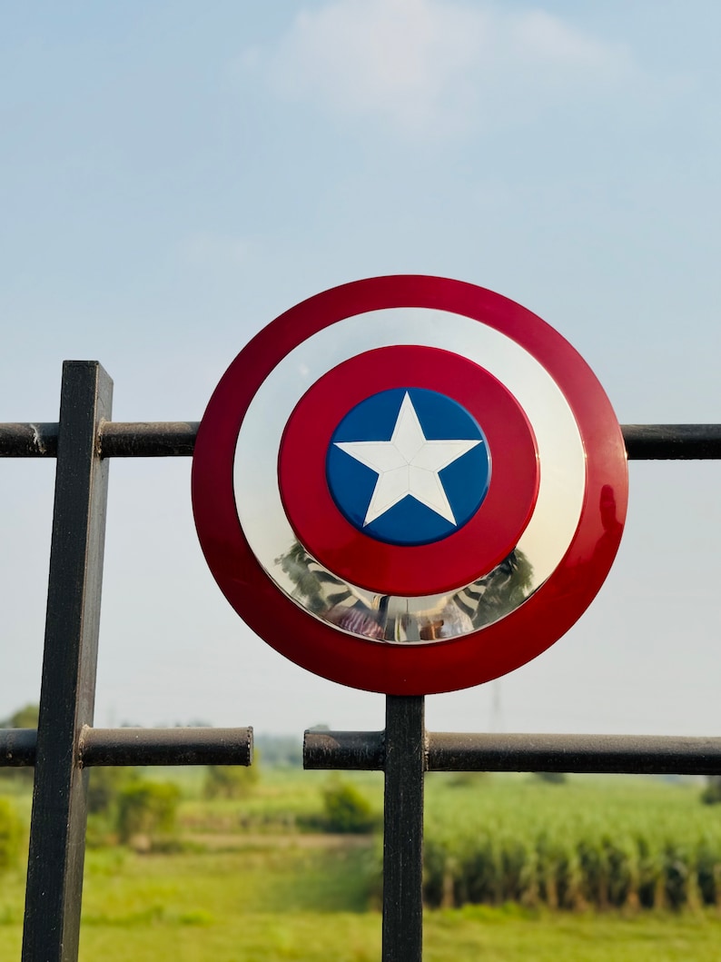 This shield is inspired by classic comic book heroes and features a bold red, white, and blue color scheme. Ideal for fans of patriotic superheroes, cosplay events, or collectors of fantasy-themed gear. Designed to resemble the iconic gear of a star-bearing super soldier, perfect for display or costume wear. This shield is not affiliated with any brand but made for fans of heroic legends and vintage comics