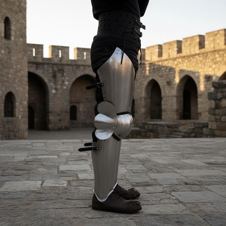 Puede incluir: Una armadura de pierna de acero, con placas articuladas y protecci&oacute;n de rodilla. La armadura se asegura con correas y hebillas de cuero. Las piernas inferiores est&aacute;n cubiertas con tela oscura, y los pies est&aacute;n calzados con zapatos de cuero oscuro. Un edificio de piedra en el fondo.