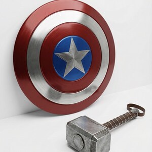 Captain America Fan Gift - Hand Forged 18 Gauge Steel Captain America Shield and Thor Mjolnir - Full Size Metal Thor Hammer Marvel Cosplay Shield with Mjolnir