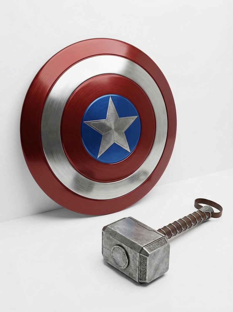 Captain America Fan Gift - Hand Forged 18 Gauge Steel Captain America Shield and Thor Mjolnir - Full Size Metal Thor Hammer Marvel Cosplay Shield with Mjolnir