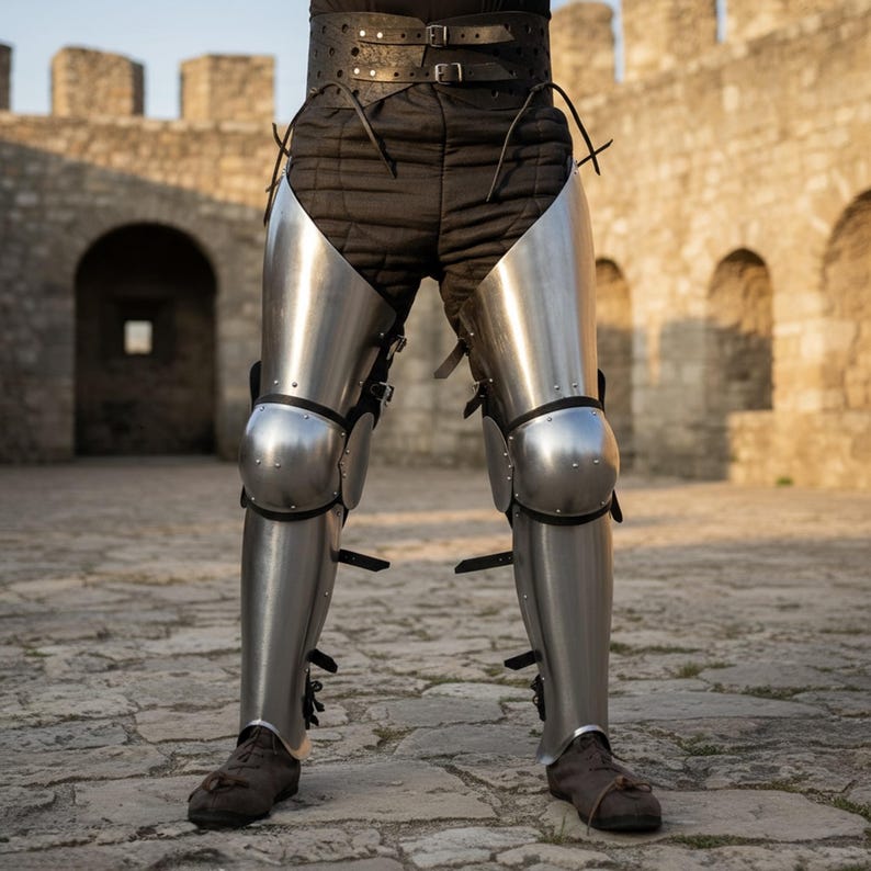 Puede incluir: Armadura de piernas de metal pulido con protecci&oacute;n de rodillas, asegurada con correas. La armadura se lleva sobre pantalones acolchados negros. El fondo presenta una estructura de piedra, lo que sugiere un tema hist&oacute;rico o de fantas&iacute;a.