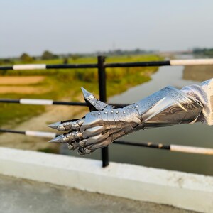 May include: A silver metal gauntlet with a claw-like design. The gauntlet is detailed with intricate engravings and rivets. The gauntlet is shown against a blurred background of a bridge and a river.