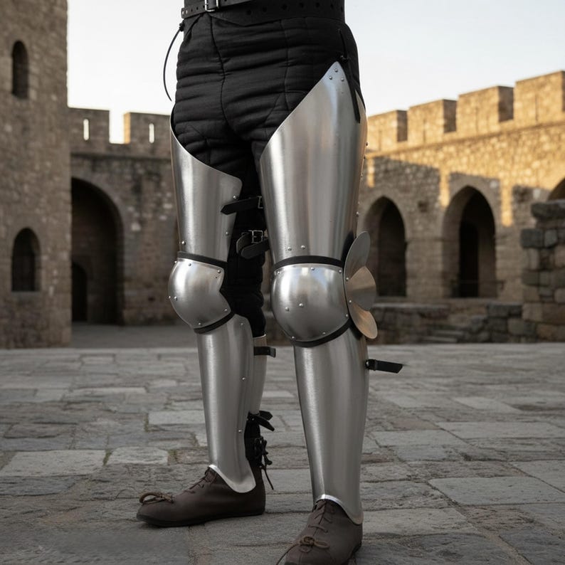 Puede incluir: Armadura de pierna de metal plateado, que incluye protecci&oacute;n para rodillas y espinillas, usada sobre pantalones acolchados negros. La armadura se asegura con correas y hebillas. El fondo presenta un edificio de piedra.