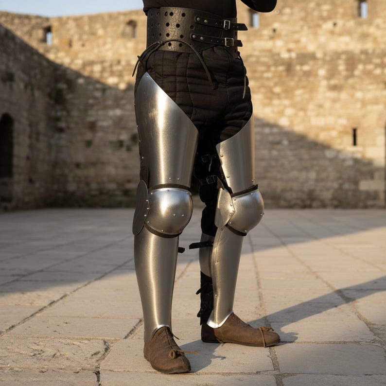 Puede incluir: Una armadura de piernas de acero pulido, con placas articuladas para los muslos y las rodillas. La armadura se lleva sobre pantalones acolchados negros y se asegura con un cintur&oacute;n de cuero. Las botas son de cuero marr&oacute;n. El fondo es una pared de piedra.