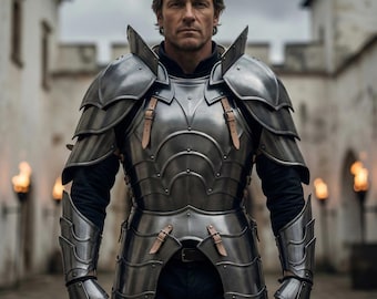 18GA SCA Steel Medieval Half Body Plate Armor Suit Cuirass Front Back, Pauldrons, Arm Bracers and Tassets ~ Battle Warrior Knight Armor Suit