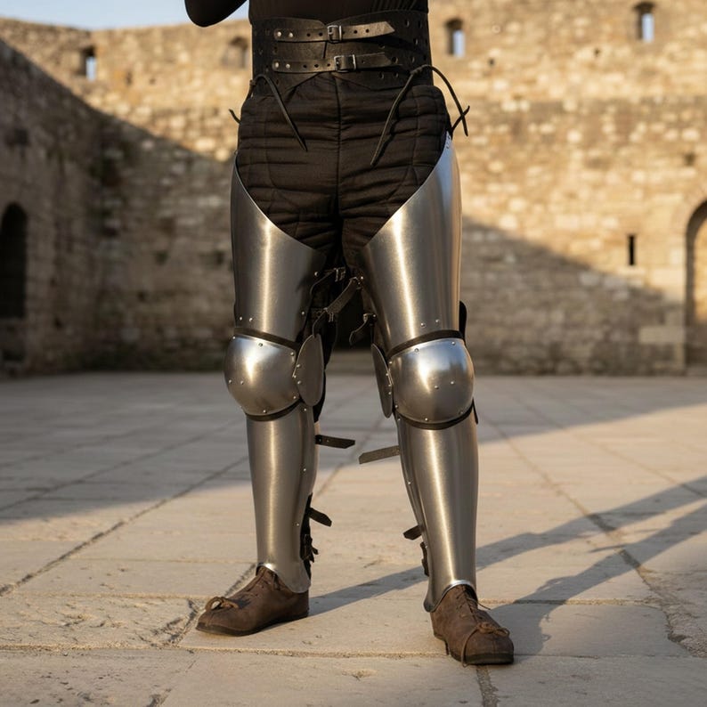 Puede incluir: Una persona con armadura de piernas de estilo medieval. La armadura es de metal pulido y cubre los muslos, las rodillas y las espinillas. La persona tambi&eacute;n lleva pantalones negros y zapatos marrones. El fondo es un edificio de piedra.