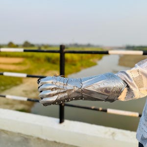 May include: A silver metal gauntlet with a decorative design. The gauntlet is worn on the left hand and extends to the elbow.
