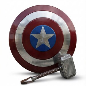 Steel-made superhero shield inspired by Captain America, designed for decorative and cosplay use.
Thor Mjolnir style hammer made of metal, suitable for collectors and fans.