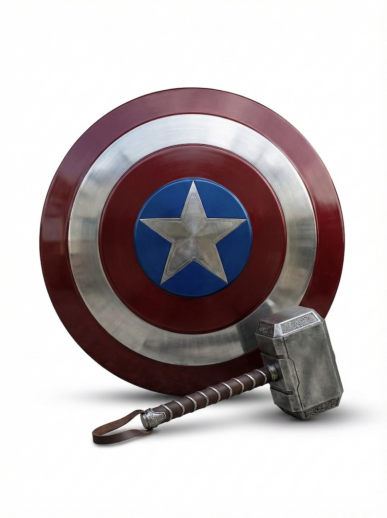 Steel-made superhero shield inspired by Captain America, designed for decorative and cosplay use.
Thor Mjolnir style hammer made of metal, suitable for collectors and fans.