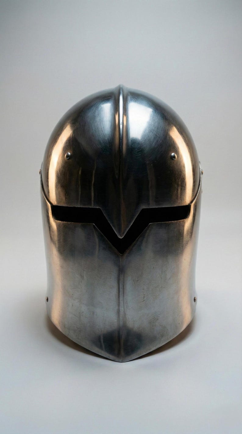 Puede incluir: Un casco pulido de color plateado con una distintiva abertura en forma de V en la cara. El casco tiene una superficie lisa y reflectante y est&aacute; dise&ntilde;ado con una parte superior redondeada y una parte inferior ligeramente puntiaguda. Se ven remaches.