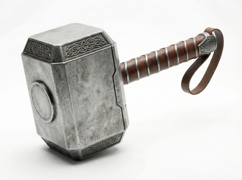 Thor Mjolnir hammer replica made of metal with a realistic finish for cosplay and display.