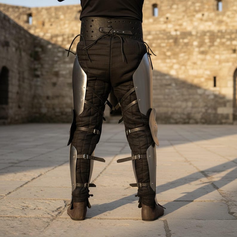 Puede incluir: Pantalones negros acolchados con armadura de pierna de metal y correas de cuero. La armadura cubre los muslos y las espinillas, con una peque&ntilde;a placa redonda en la rodilla. Los pantalones tienen un cintur&oacute;n ancho de cuero. La persona lleva zapatos marrones.