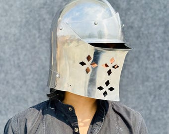 Casco medieval con visera Barbuta: réplica de armadura de caballero, cosplay LARP