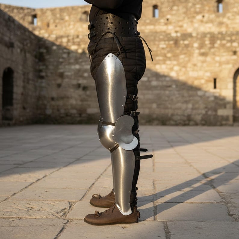 Puede incluir: Un conjunto de armadura de pierna de acero pulido, que incluye una rodillera y una espinillera, usado sobre pantalones acolchados negros. La armadura se asegura con correas y hebillas de cuero. La persona lleva zapatos de cuero marr&oacute;n. El fondo es un muro de piedra.