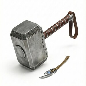 Metal Thor Mjolnir hammer with a solid build, designed for cosplay and decoration.
Mjolnir hammer inspired by Thor, made of metal for display and cosplay use.