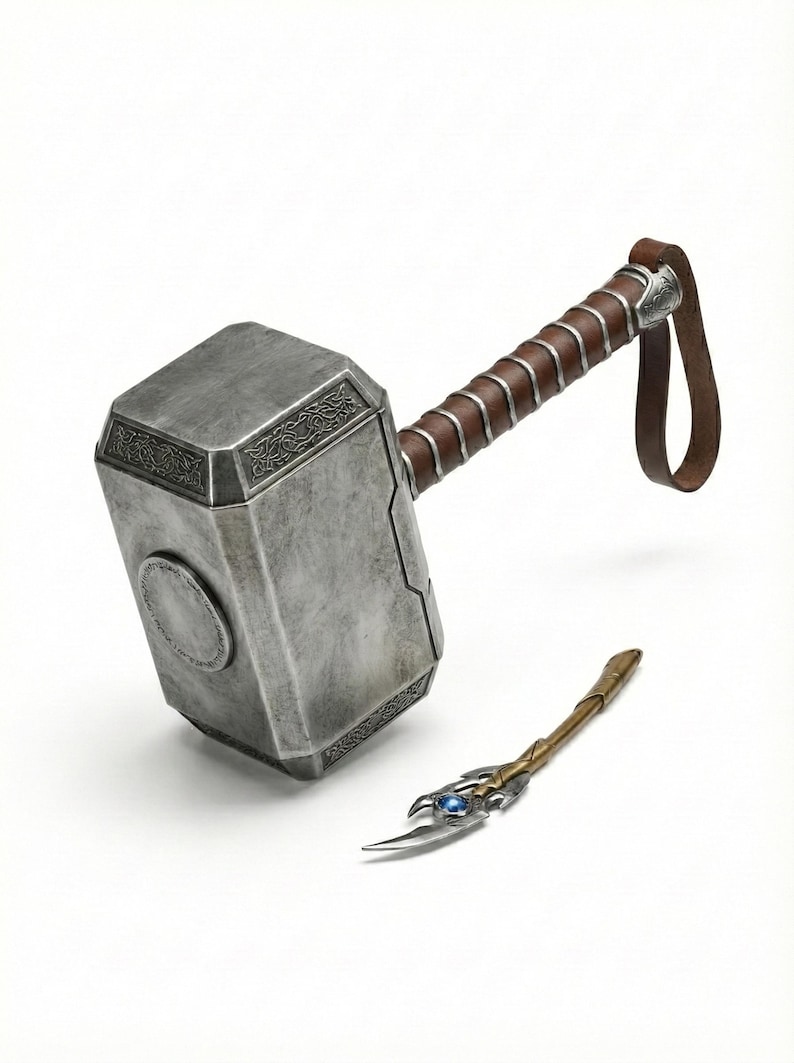Metal Thor Mjolnir hammer with a solid build, designed for cosplay and decoration.
Mjolnir hammer inspired by Thor, made of metal for display and cosplay use.