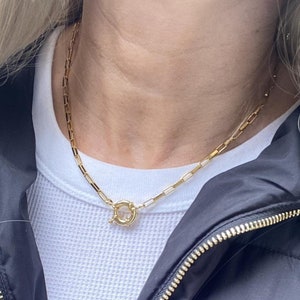 Gold Chunky Stainless Steel Handmade Hip Hop Industrial Rectangular Box Chain Link Spring Ring Sailor Clasp Womens Adjustable Necklace