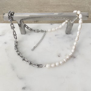 Natural Freshwater Cultured Pearl Silver Plated Chunky Industrial U Shape Link Mens Womens Hip Hop Punk Rock Handmade Half & Half Necklace