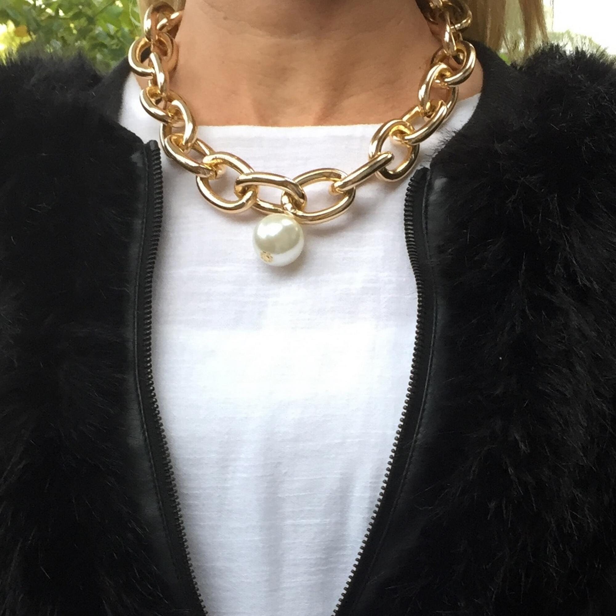 Gold Chunky Pearl Pendant Big Industrial Cable Link Large Oversized Statement Womens Jewellery Hip Hop Punk Formal Big Necklace