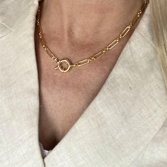 Gold Sailor Curb Clasp Necklace Front Clasp Necklace Large Spring Ring Clasp  Chain Chunky Chain Necklace 14k Gold Plated Necklace 