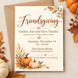 May include: A Friendsgiving invitation card featuring autumn-themed illustrations of pumpkins, wheat, and fall leaves. The text reads: Friendsgiving, Gather, Eat and Give Thanks, Potluck style - bring a dish to share, Saturday, November 14, 5:00 - 9:00 PM, The Garcia Home, 456 Pine Street, Hometown, Kindly RSVP to (555) 246-8101.