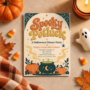 May include: A rectangular Halloween party invitation card featuring the text Spooky Potluck, A Halloween Dinner Party, Bring a creepy dish to share, Saturday, October 31, 7:00 - 11:00 PM, Riverside Hall, 12 River Road, Hometown, RSVP to Jen at (555) 321-7654.