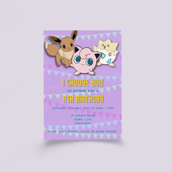 Pokémon birthday invitation. Jigglypuff, eevee, tokapi. Editable and instant download. A5.