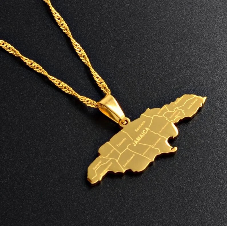 Gold Jamaica Flag Map Necklace Pendant & Chain Jamaican Etsy
